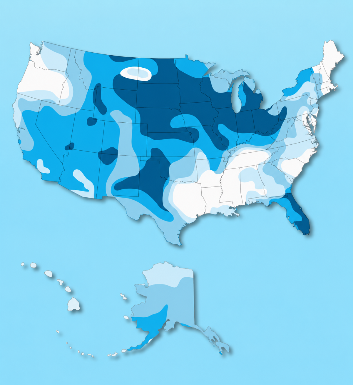 United States water hardness map showing grains per gallon by region. Soft water (0-3.5 gpg) is shown in near-white. Slightly hard (3.5-7 gpg) in light blue. Hard (7-10.5 gpg) in medium blue. Very hard (10.5-15 gpg) in bright blue. Extremely hard (15+ gpg) in dark navy blue. Most of the central and western US shows hard to extremely hard water.